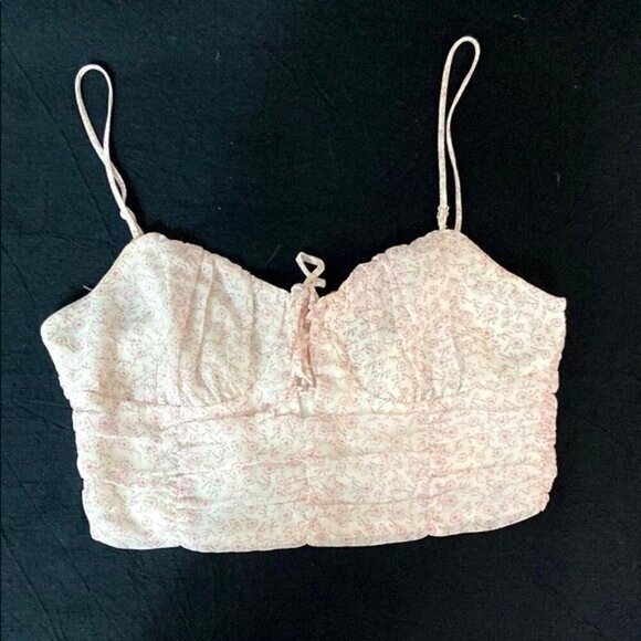 Cotton Candy Pink Bustier Tie Front Crop Top Cherry Blossom Pink Off White - Picture 2 of 11